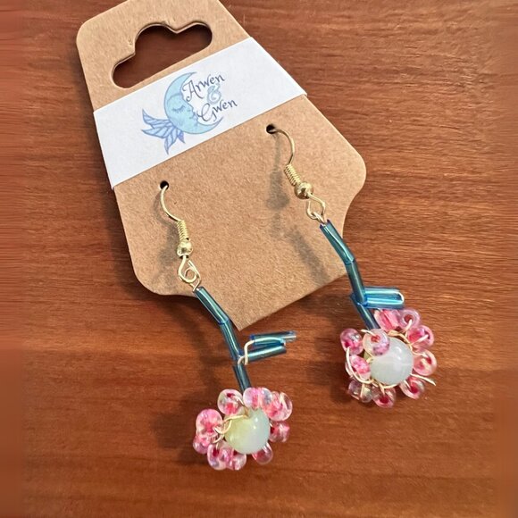 Arwen and Gwen Wire Woven Drop Earrings, Flower Design, Pink and Green - Picture 2 of 2